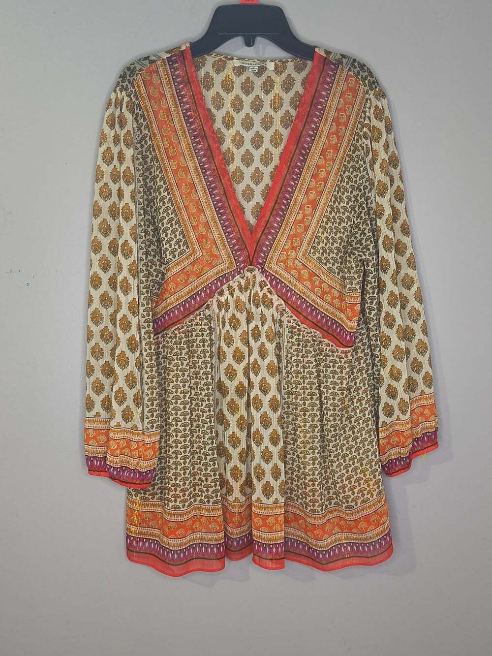 Rose + Olive Tunic Top Women Size Large Orange Red Geometric Paisley V Neck Boho